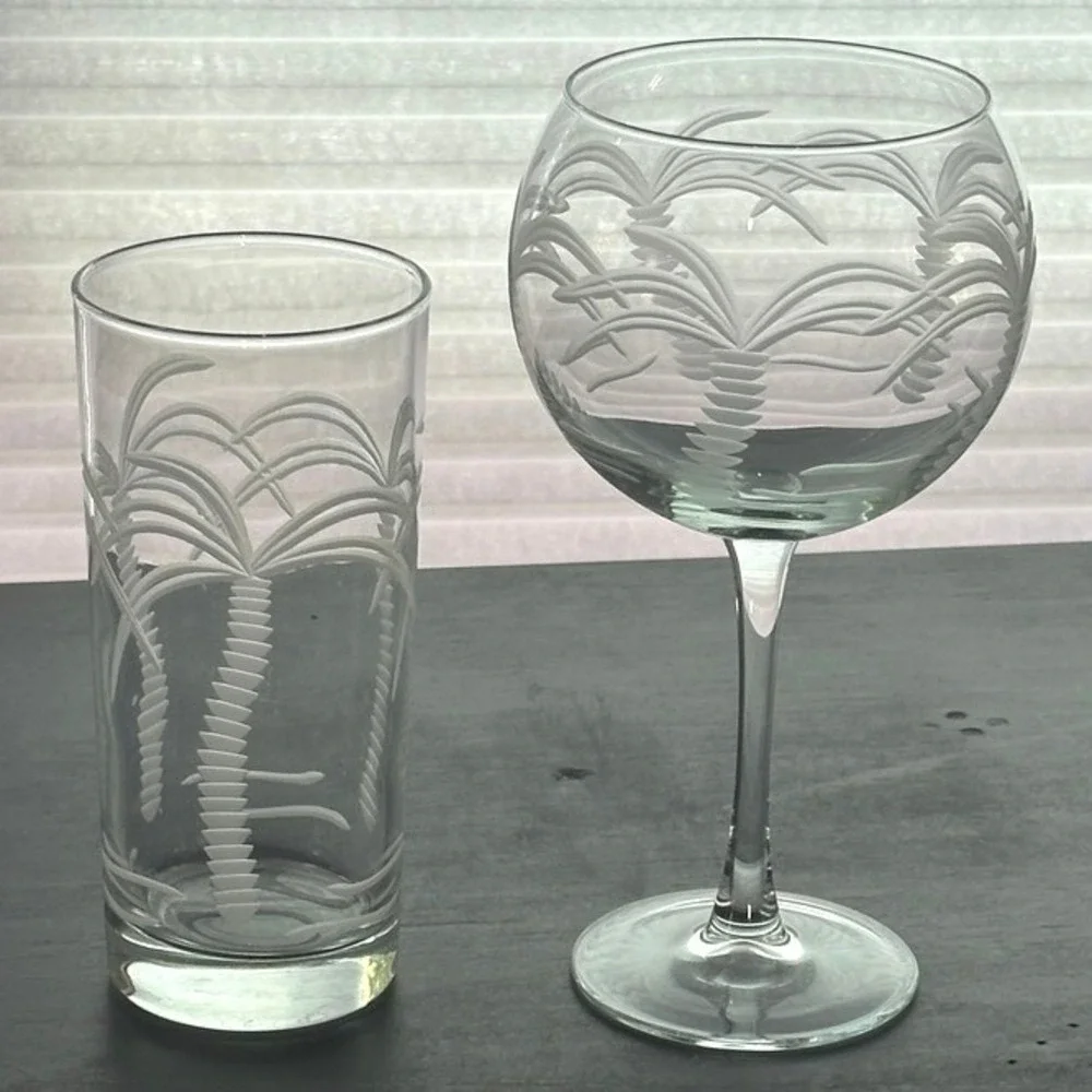 Rolf Glass Palm Tree Glassware Pair Wine Balloon & Highball Tropical Barware